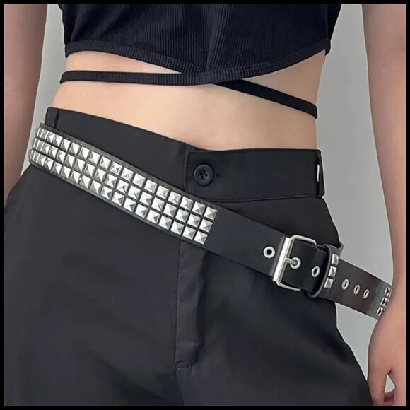 Faux Leather Studded Belt with Pyramid Studs Punk Rock Style